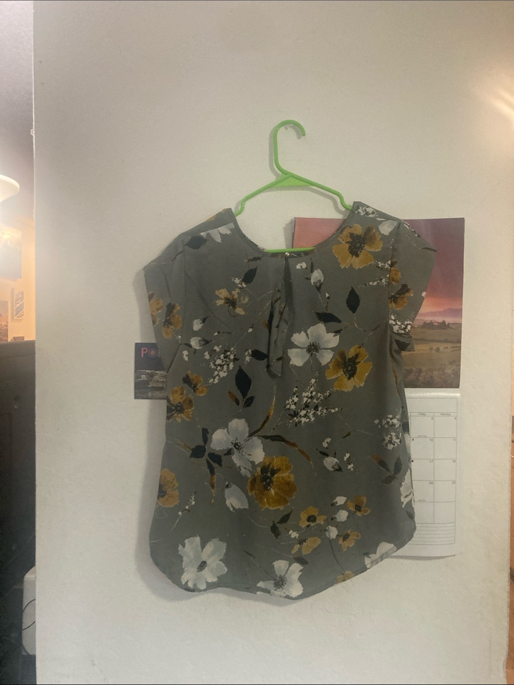 Women's Olive Green Floral Cap-Sleeve Blouse